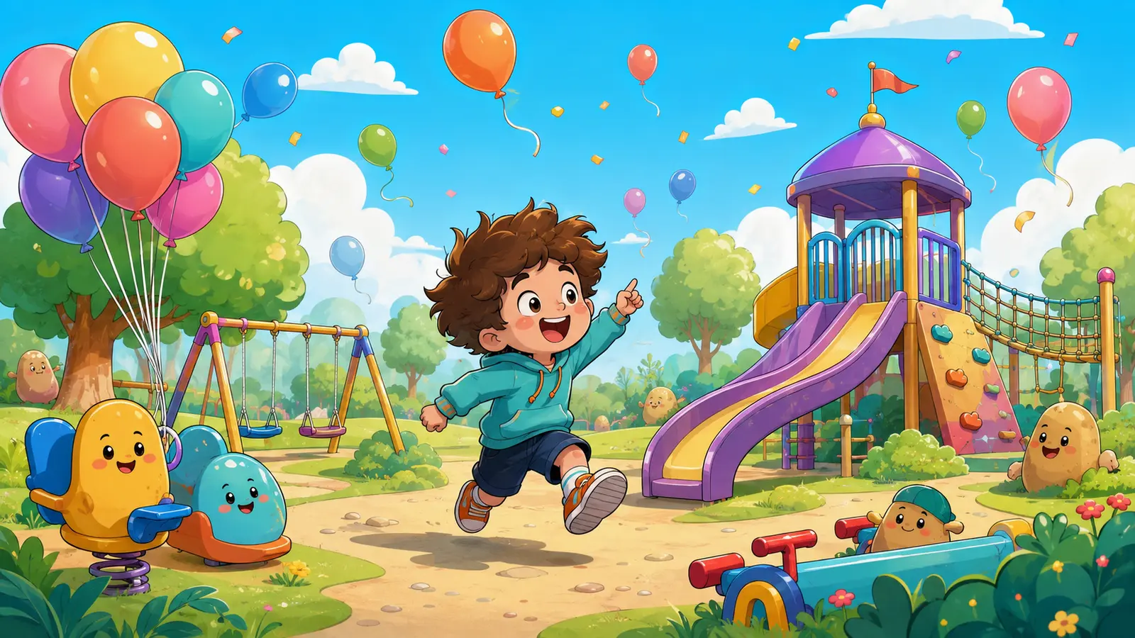 Atato Patato character exploring a bright imaginative playground
