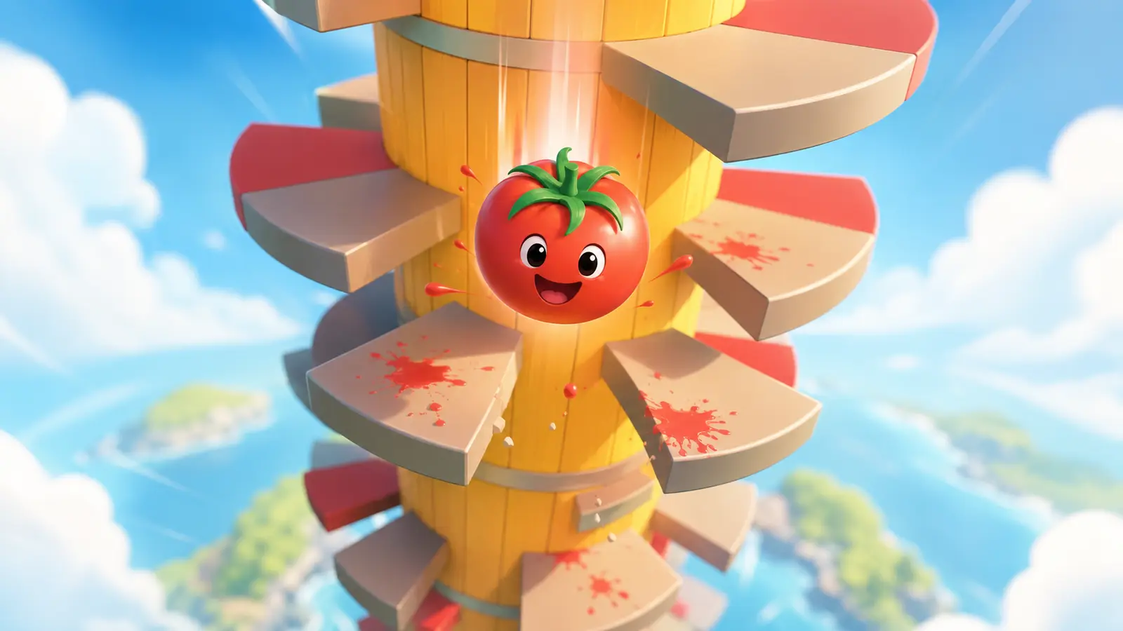 Jumpy the Tomato descending through a colorful rotating tower